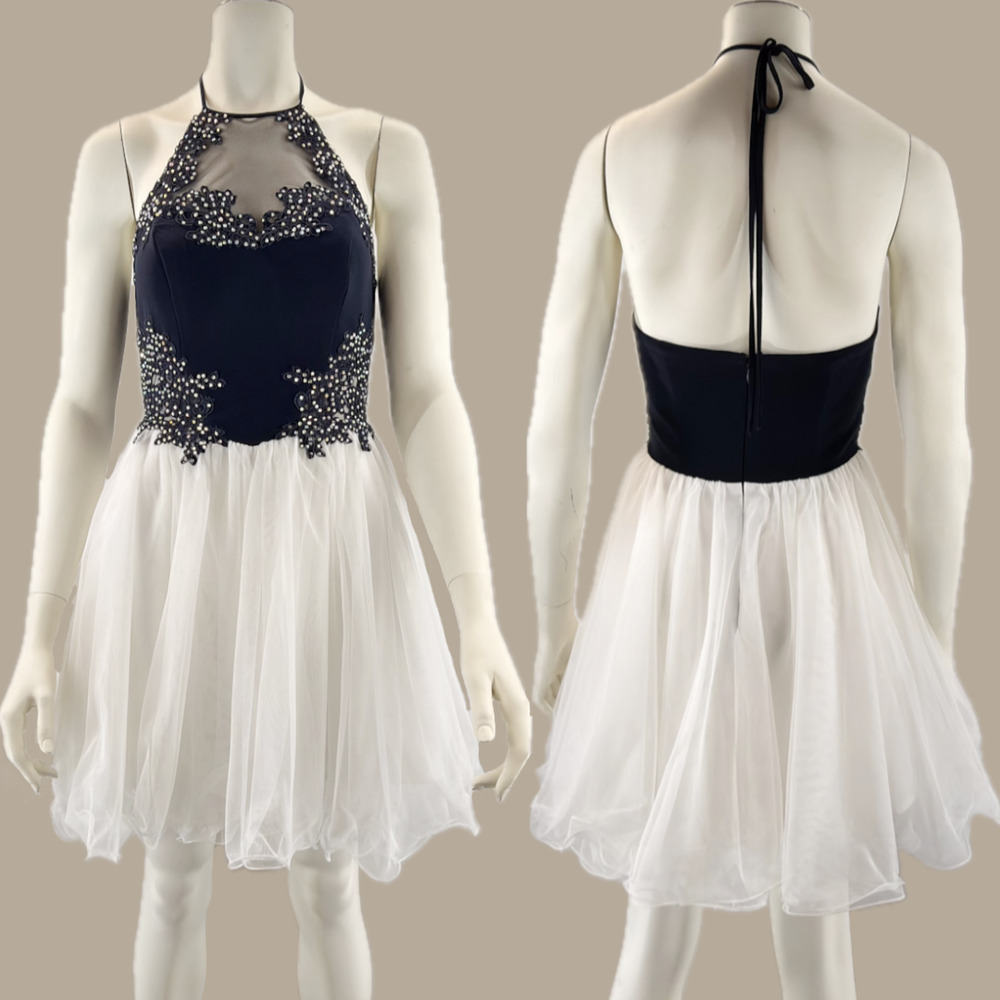 Blondie Nites Halter Mini Dress 5 White Tulle Skirt Blue Embellished Bodice Prom
